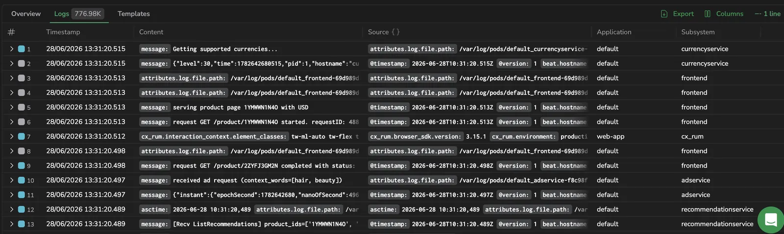 Logs table displaying log entries with Timestamp, Content, Application, Subsystem, and Severity columns