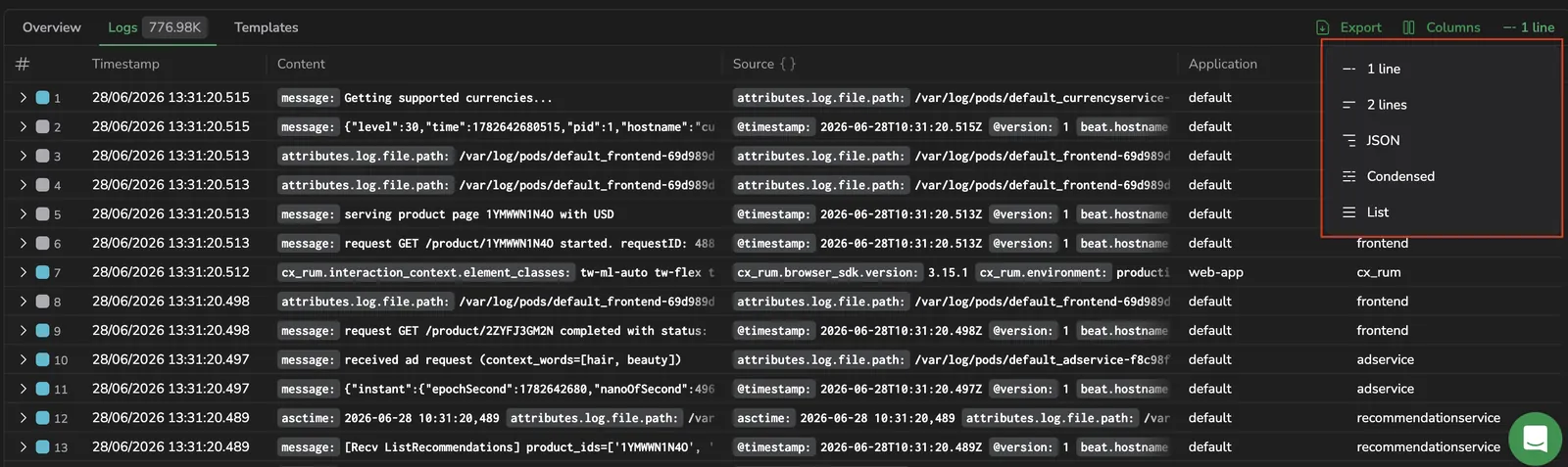 Row format menu with options for 1 line, 2 lines, JSON, Condensed, and List formats