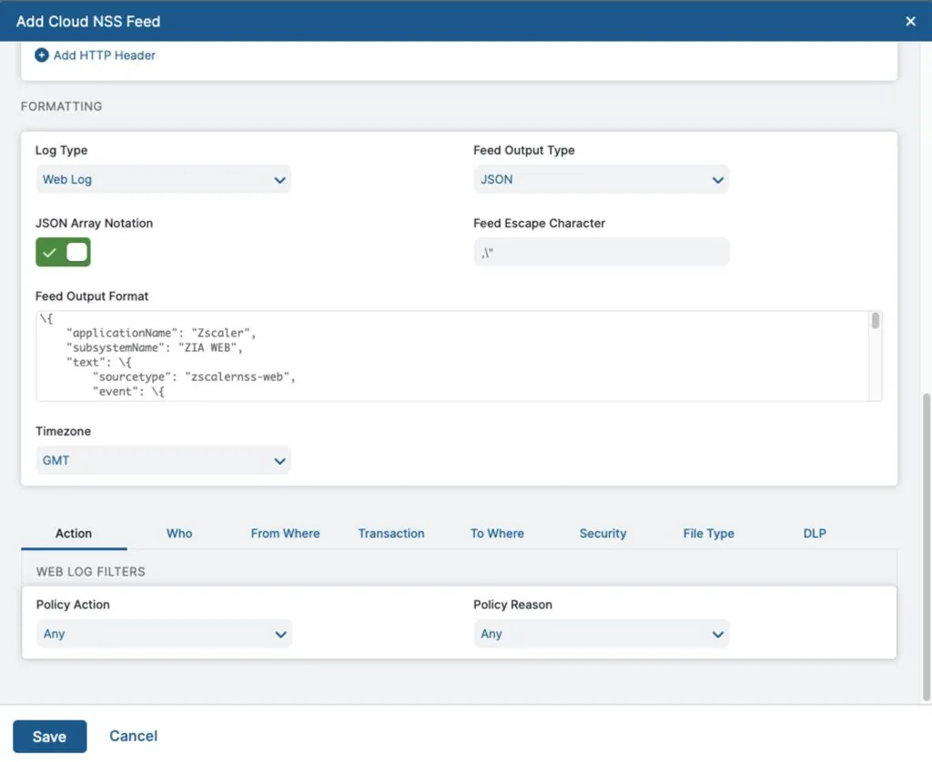 Zscaler Add Cloud NSS Feed formatting section with log type, feed output type, escape character, and feed output format