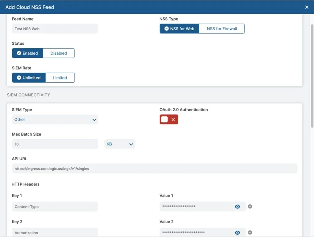 Zscaler Add Cloud NSS Feed dialog showing feed name, NSS type, SIEM connectivity, API URL, and HTTP header fields