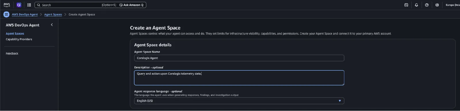 Screenshot of the AWS DevOps Agent Create an Agent Space form showing the name, description, and response language fields