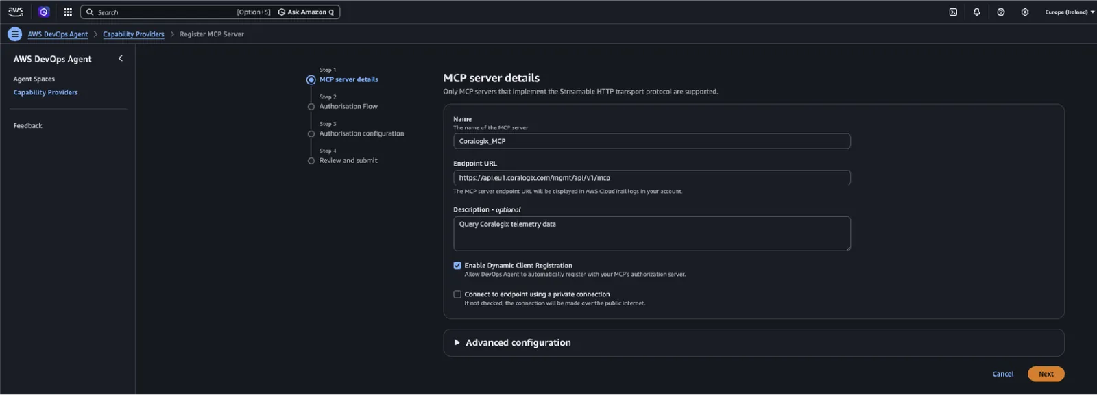 Screenshot of the Register MCP Server details step with the Coralogix endpoint and Dynamic Client Registration selected