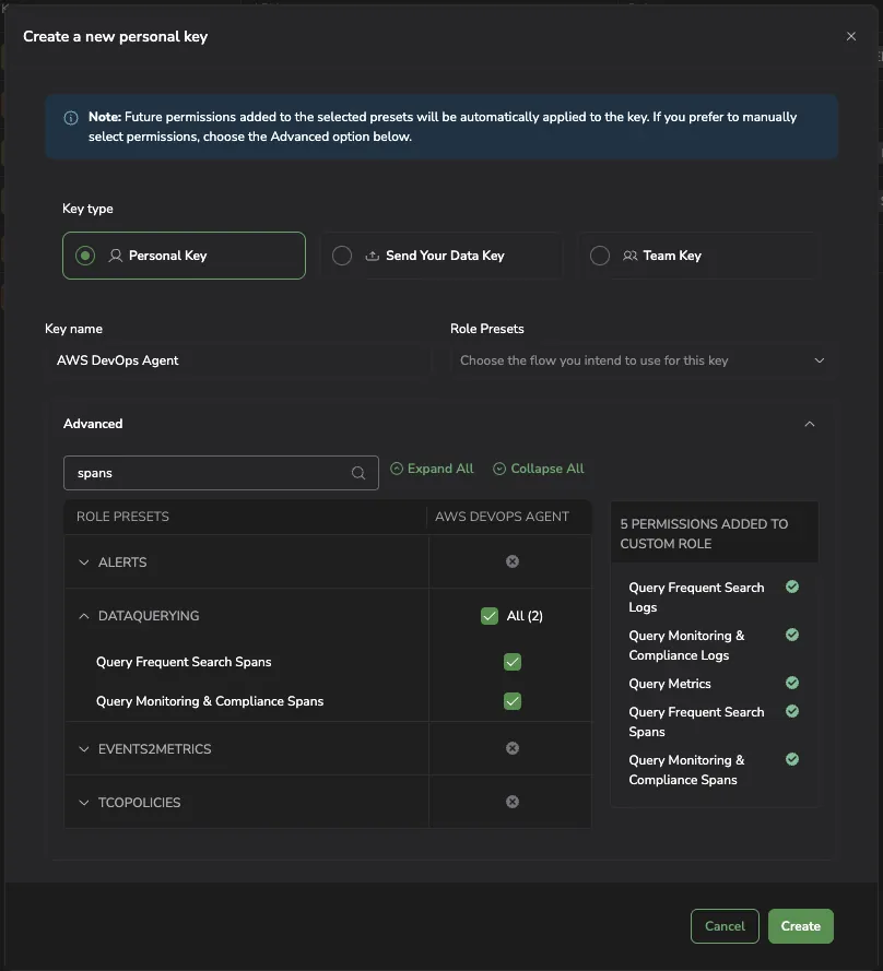 Screenshot of the Coralogix create personal key dialog with DataQuerying log, metric, and span read permissions selected
