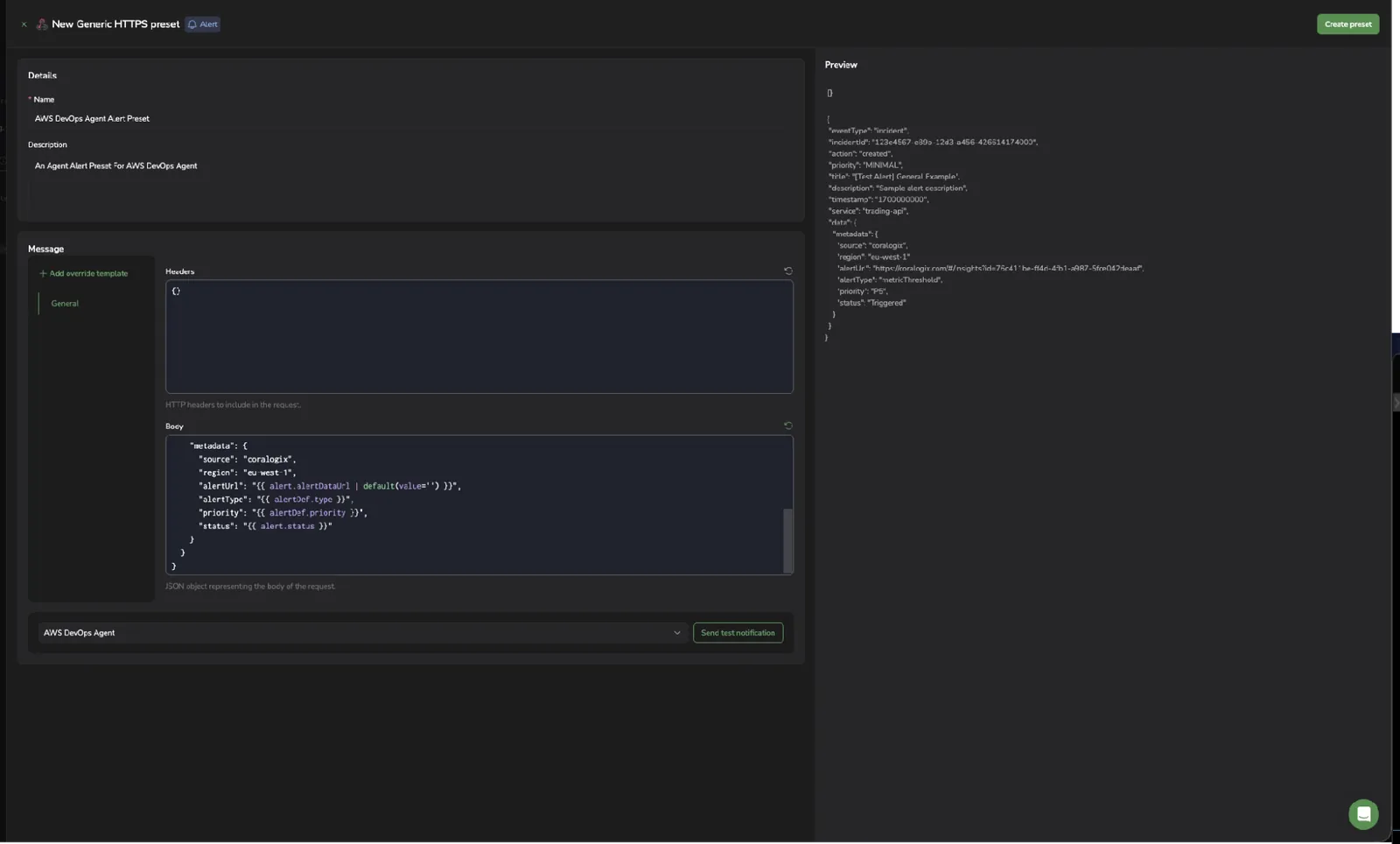 Screenshot of the Coralogix preset editor showing the Version 2 body template, its rendered preview, and the Send test notification action
