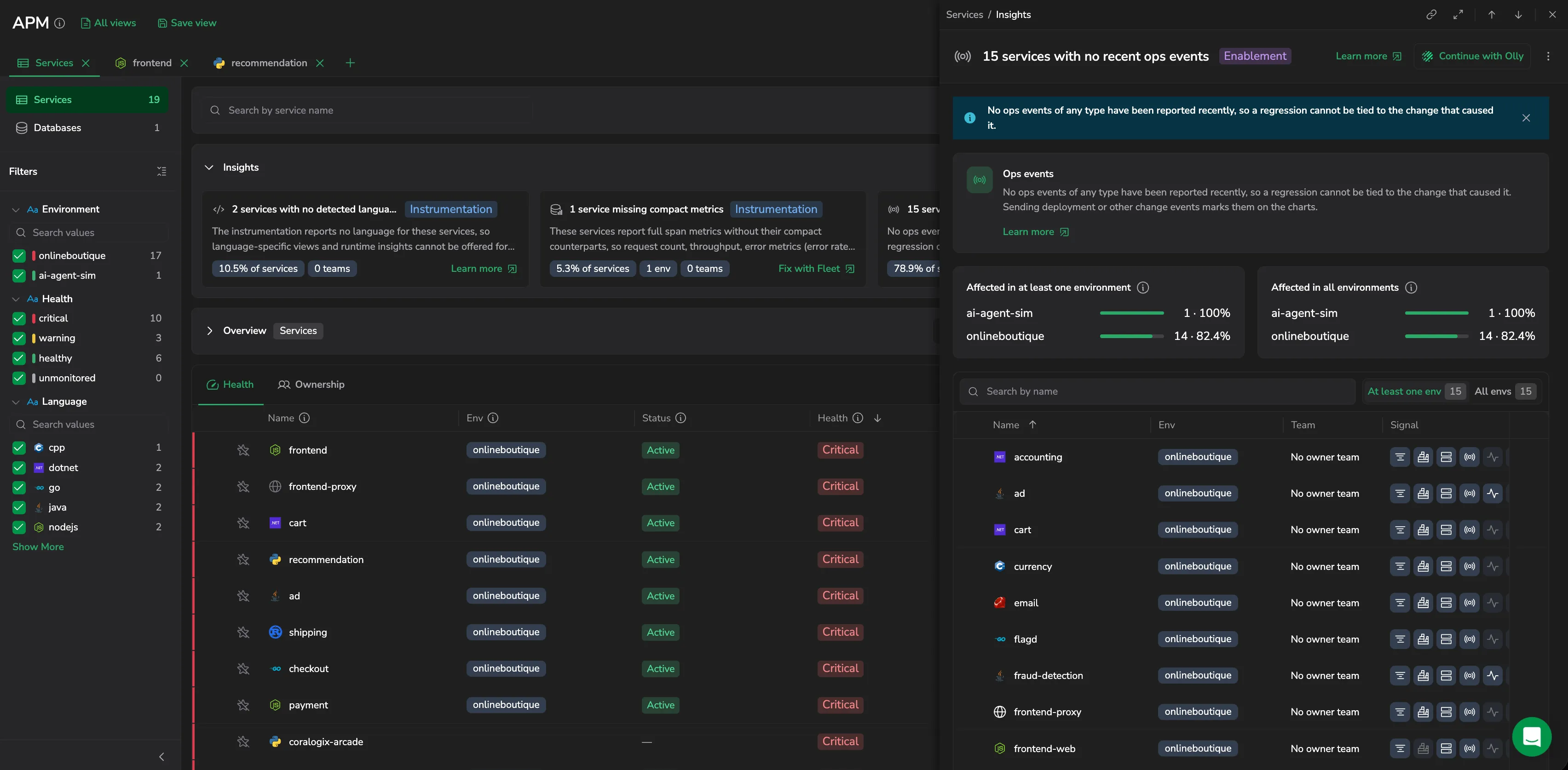 An insight drawer: the explainer and breakdowns above the affected services table, with Learn more and Continue with Olly in the header.