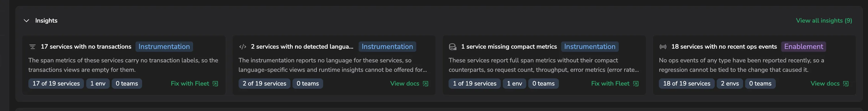 The Insights section on the APM catalog: four insight cards, each with a title, description, category badge, and the teams and environments it affects, and a View all insights control.