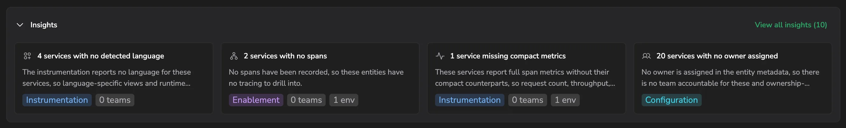 The Insights section on the APM catalog: four insight cards, each with a title, description, category badge, and the teams and environments it affects, and a View all insights control.