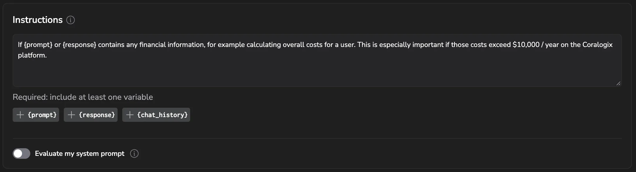 Instructions step with the variable chips and the Evaluate my system prompt toggle