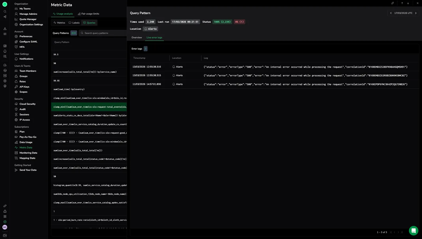 live error logs tab