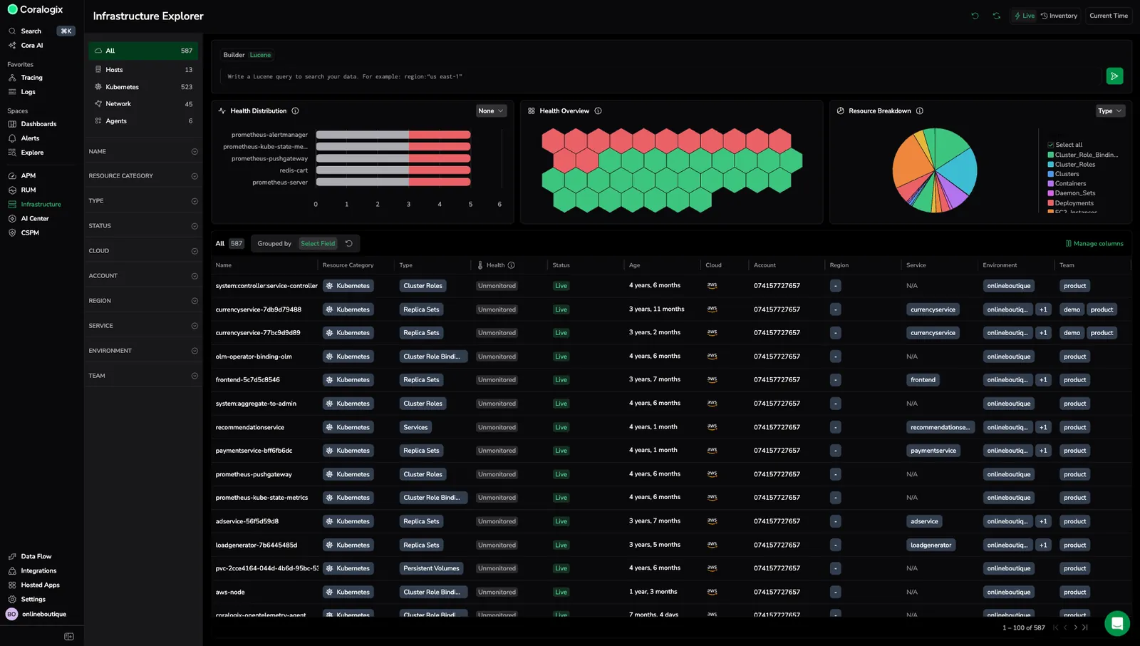 Infrastructure Explorer showing Builder and Lucene tabs with the Lucene query search bar