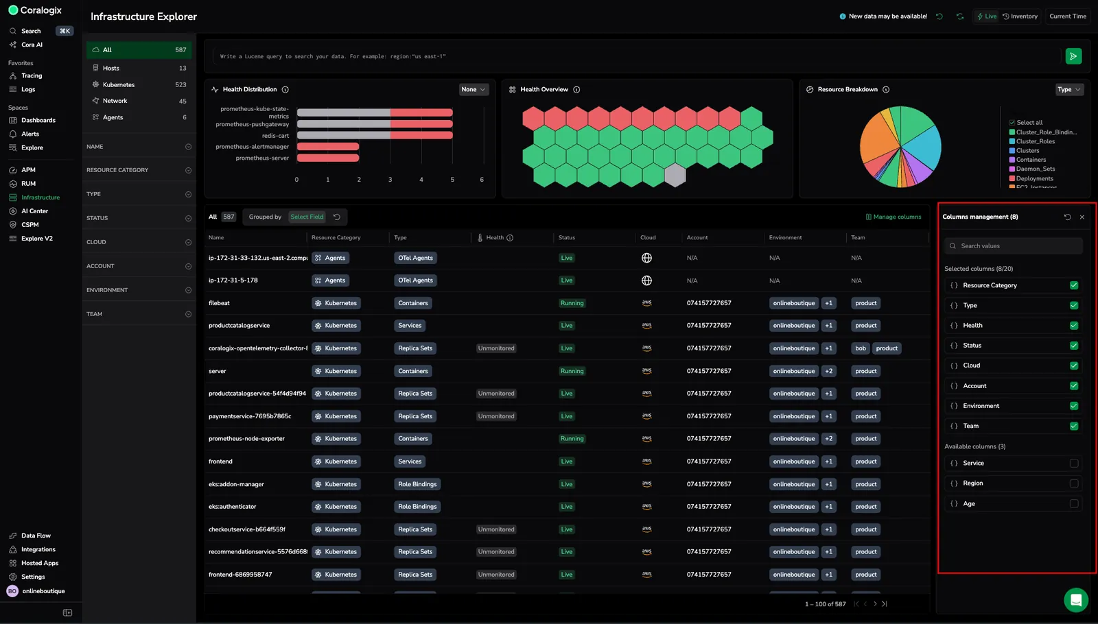 manage columns panel