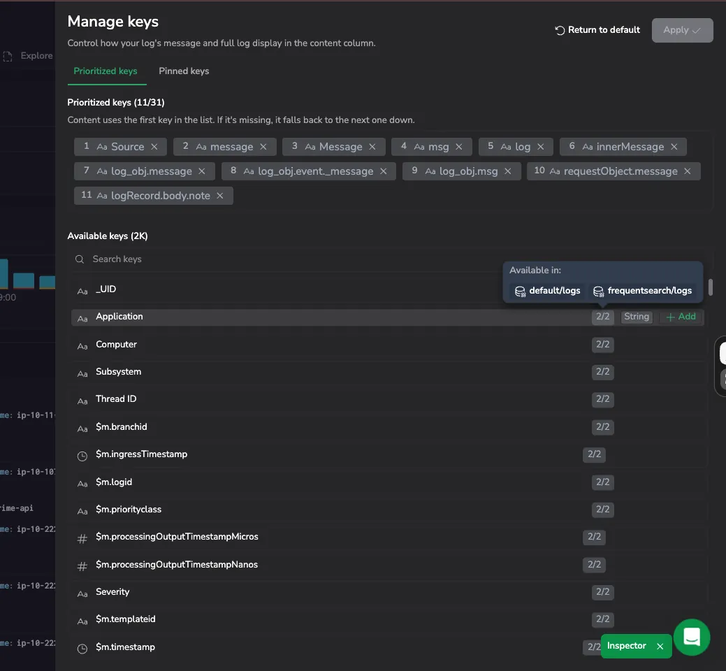 The Manage keys drawer with coverage badges and the Available in tooltip on the Available keys list