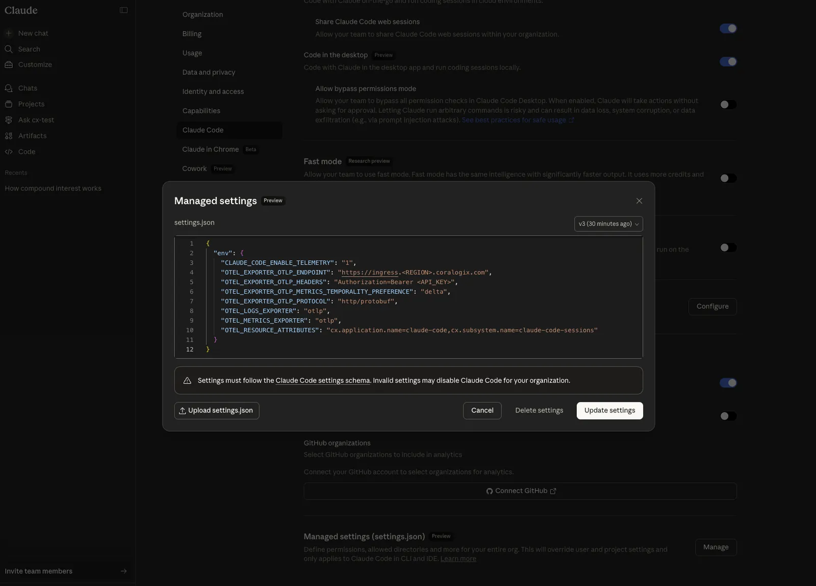 Claude.ai admin console showing the managed settings dialog with OTLP configuration