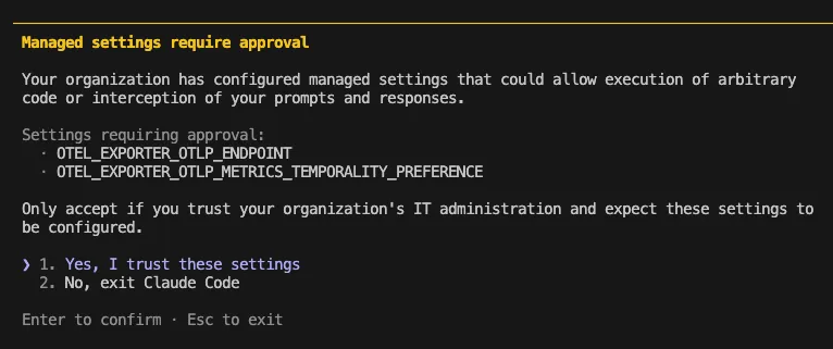 Claude Code terminal showing the managed settings approval prompt