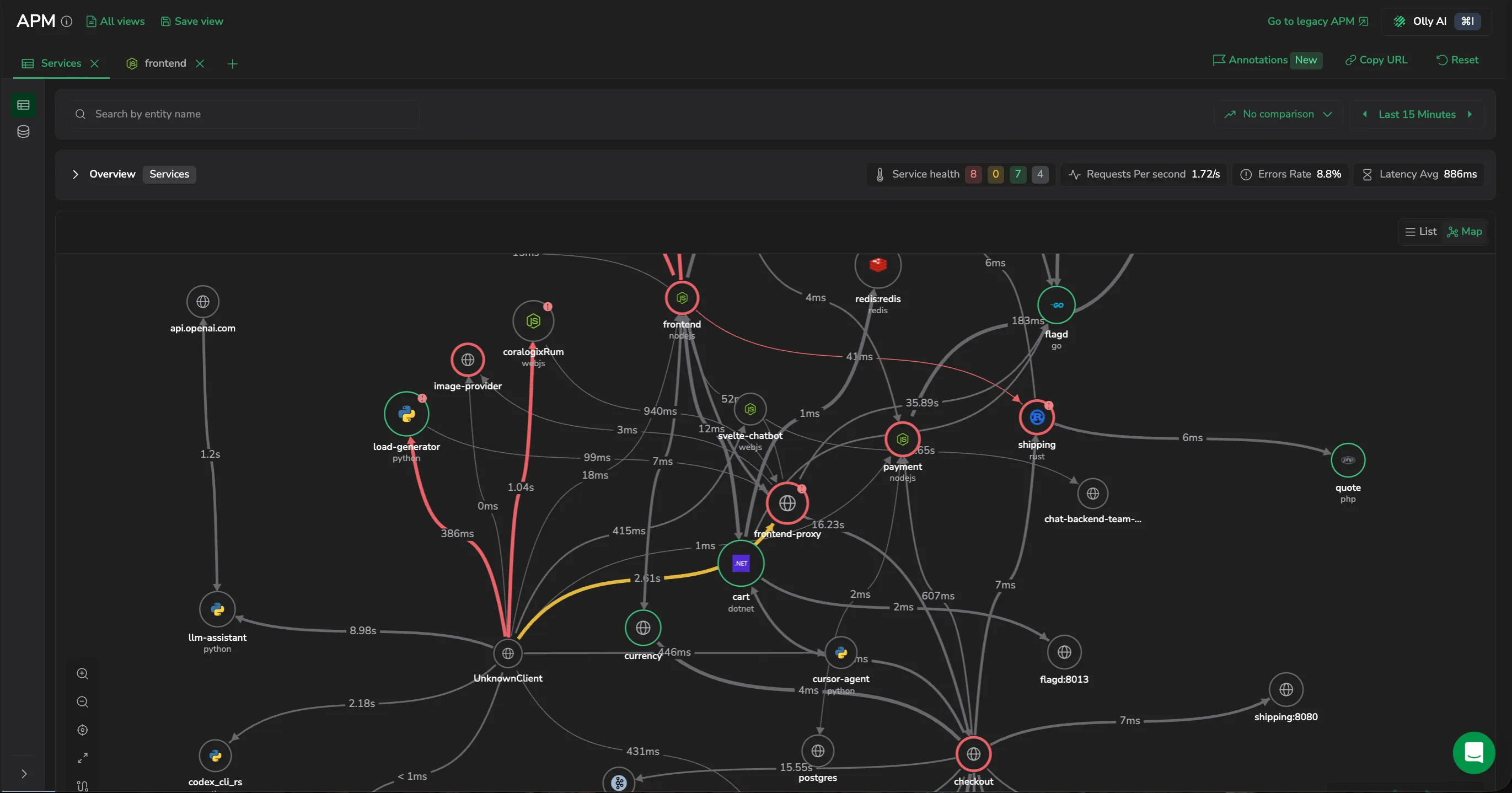 The catalog Map view: a system-wide, force-directed graph of every service and its dependencies, with a node tooltip showing requests, errors, and average latency.