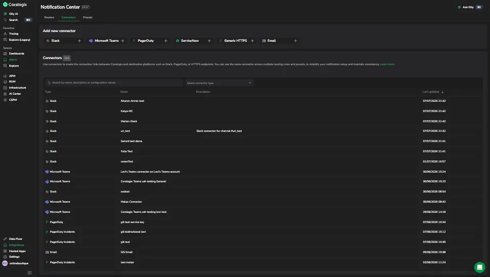 Microsoft Teams listed as a connector type in the Notification Center Connectors screen, alongside Slack, PagerDuty, ServiceNow, Generic HTTPS, and Email