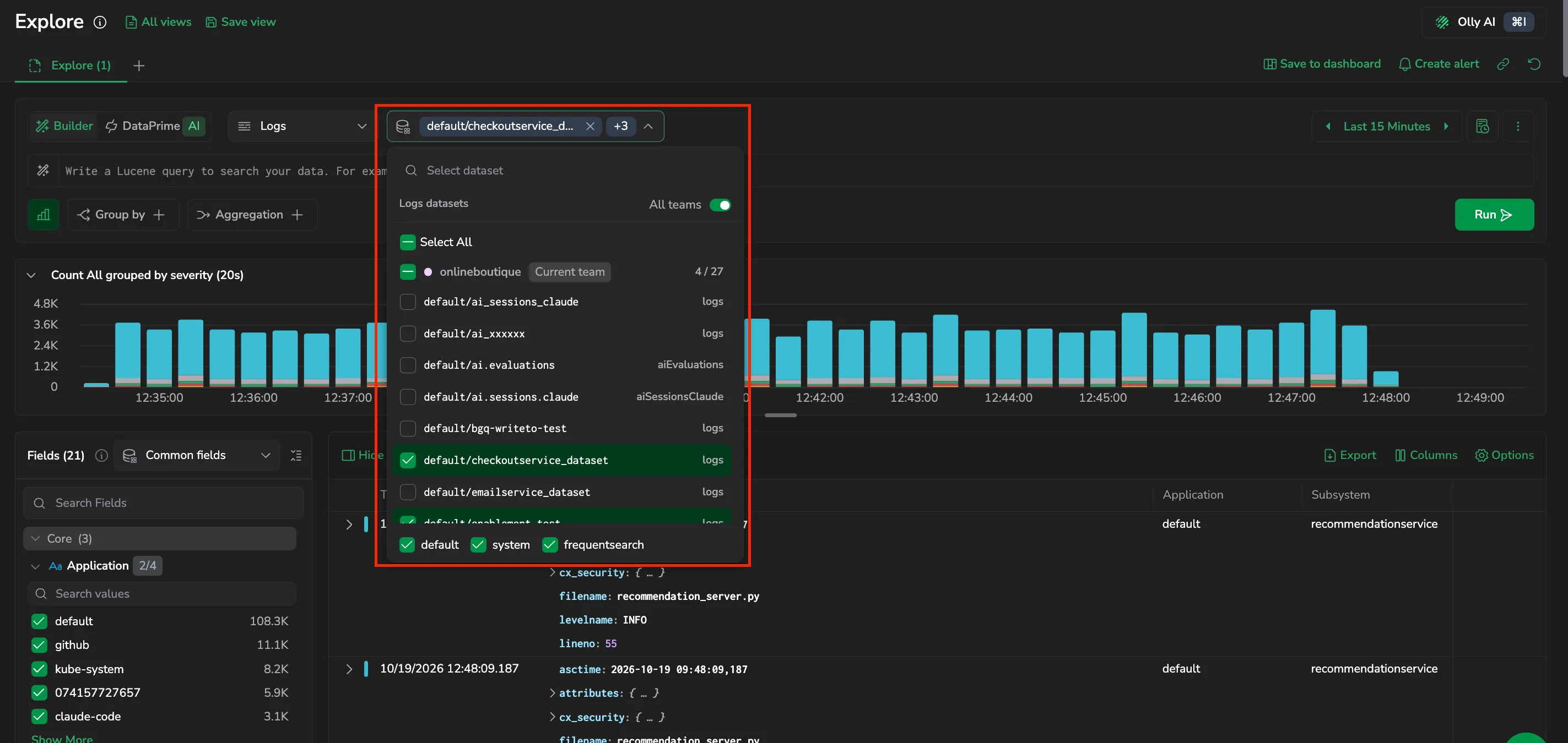Open dataset selector in the Explore Builder: a multi-select list grouped by team with the current team marked, an All teams toggle, per-dataset entity-type labels, and default, system, and frequent search dataspace filters