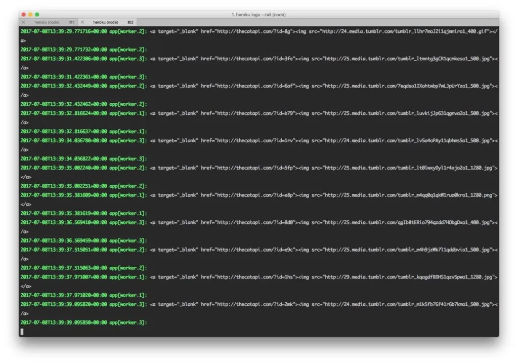 Heroku CLI log output mixing platform messages, debug output, and errors from multiple workers