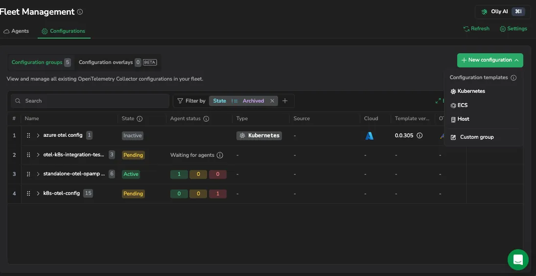 Fleet Management New configuration menu listing the Kubernetes, ECS, and Host configuration templates