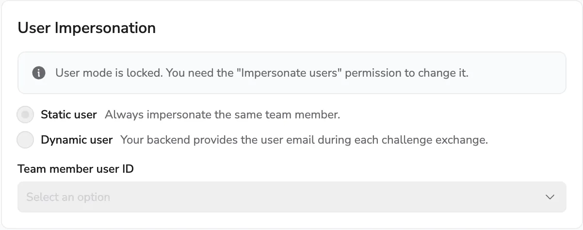 Embedded user-mode section with static and dynamic user options and a team member user ID picker