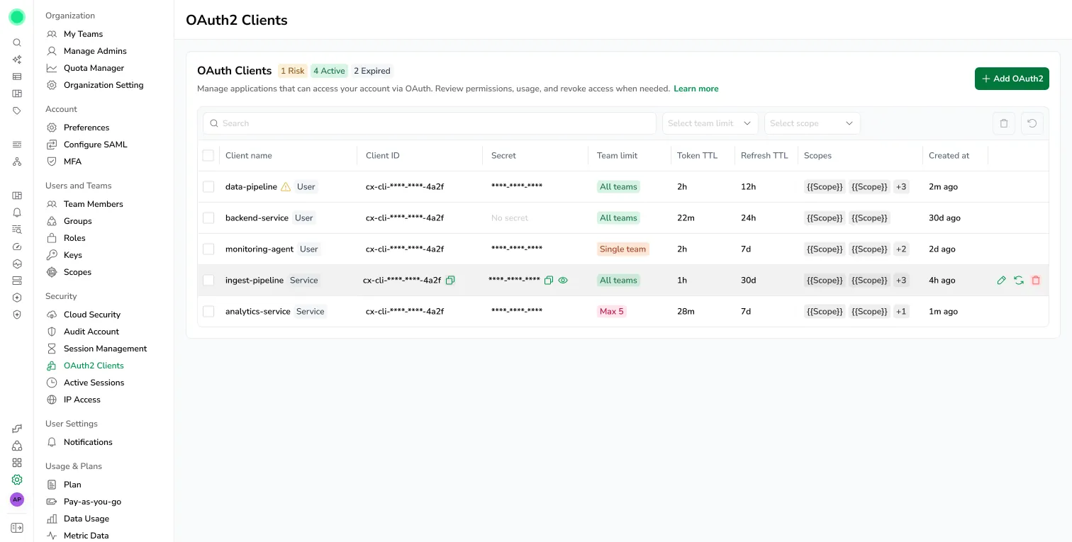 OAuth clients list