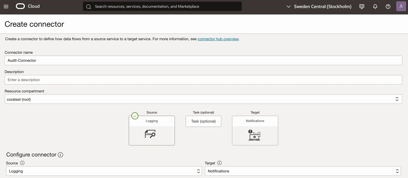 OCI create service connector