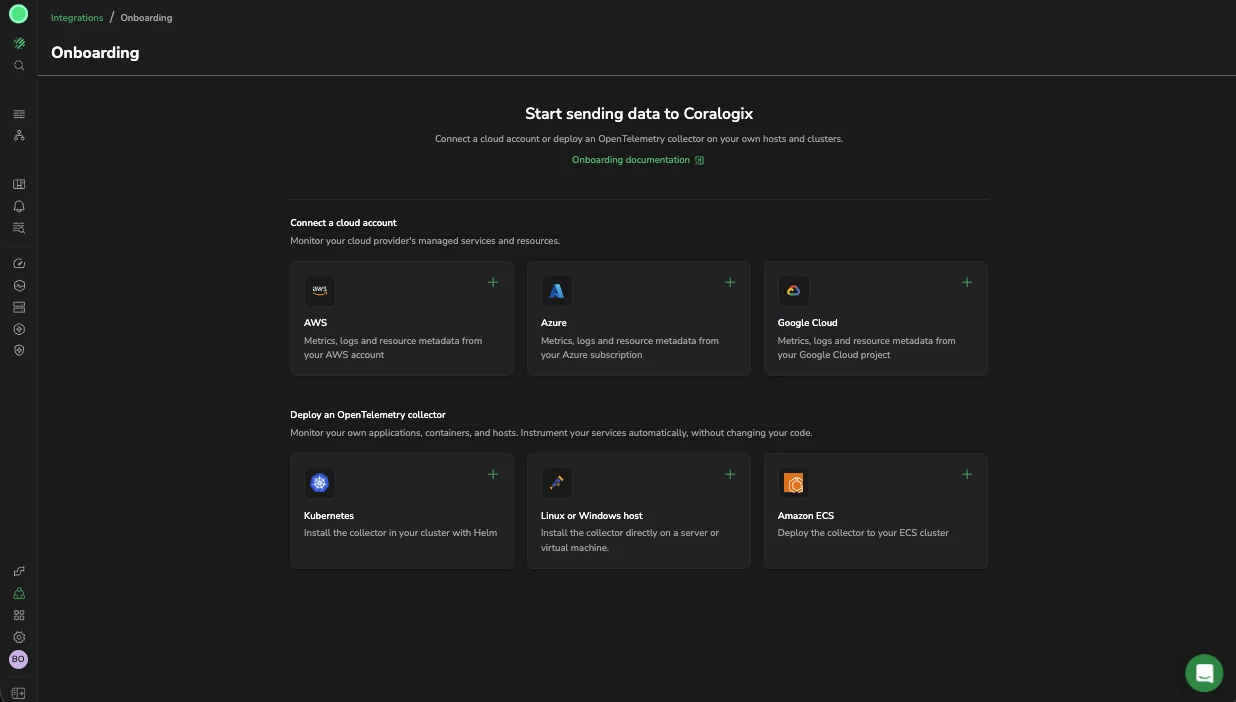 The Onboarding screen, with Connect a cloud account offering AWS, Azure and Google Cloud, and Deploy an OpenTelemetry collector offering Kubernetes, Linux or Windows host, and Amazon ECS