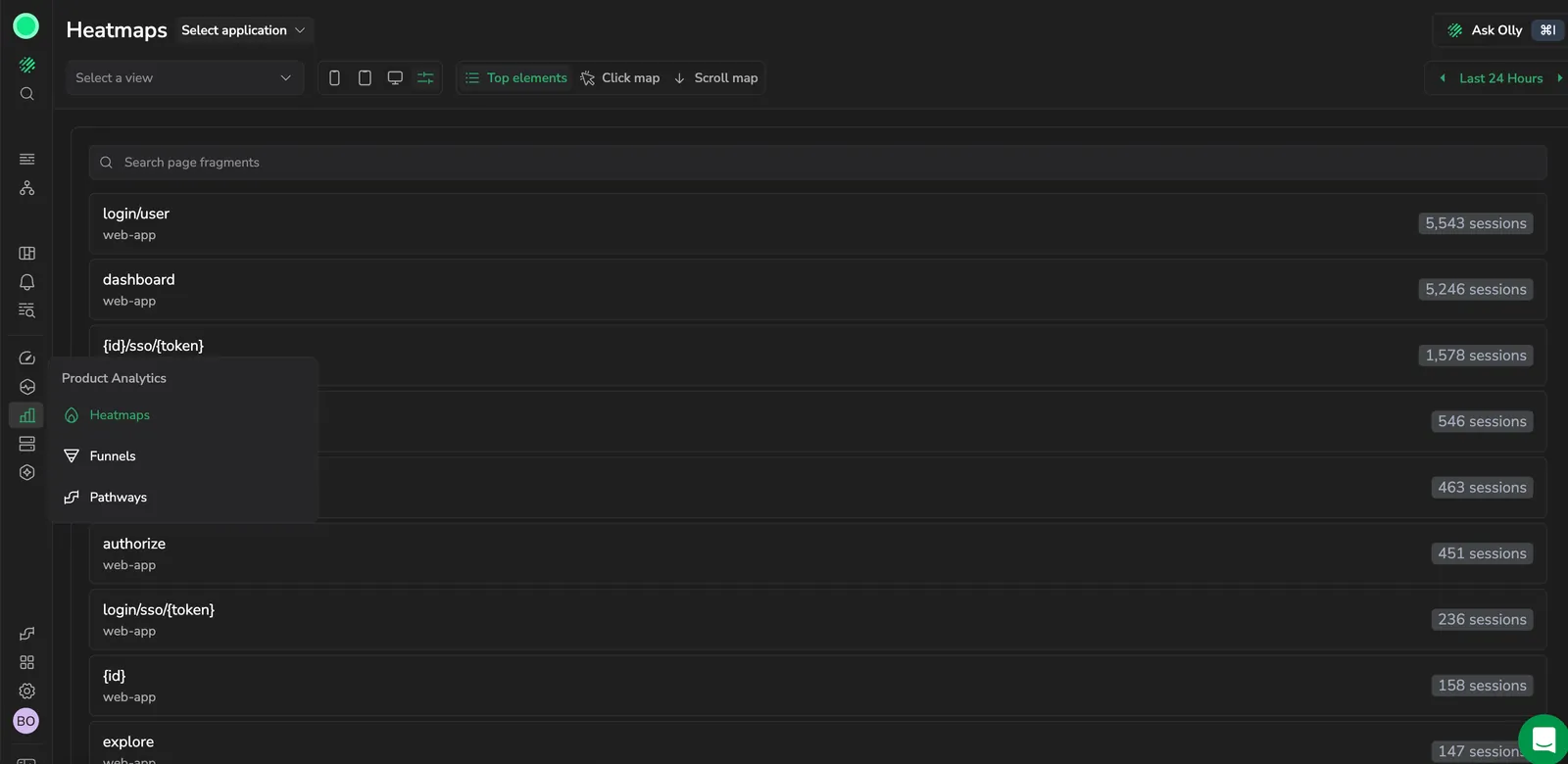 Product Analytics open to the Heatmaps view, with the Product Analytics menu listing Heatmaps, Funnels, and Pathways