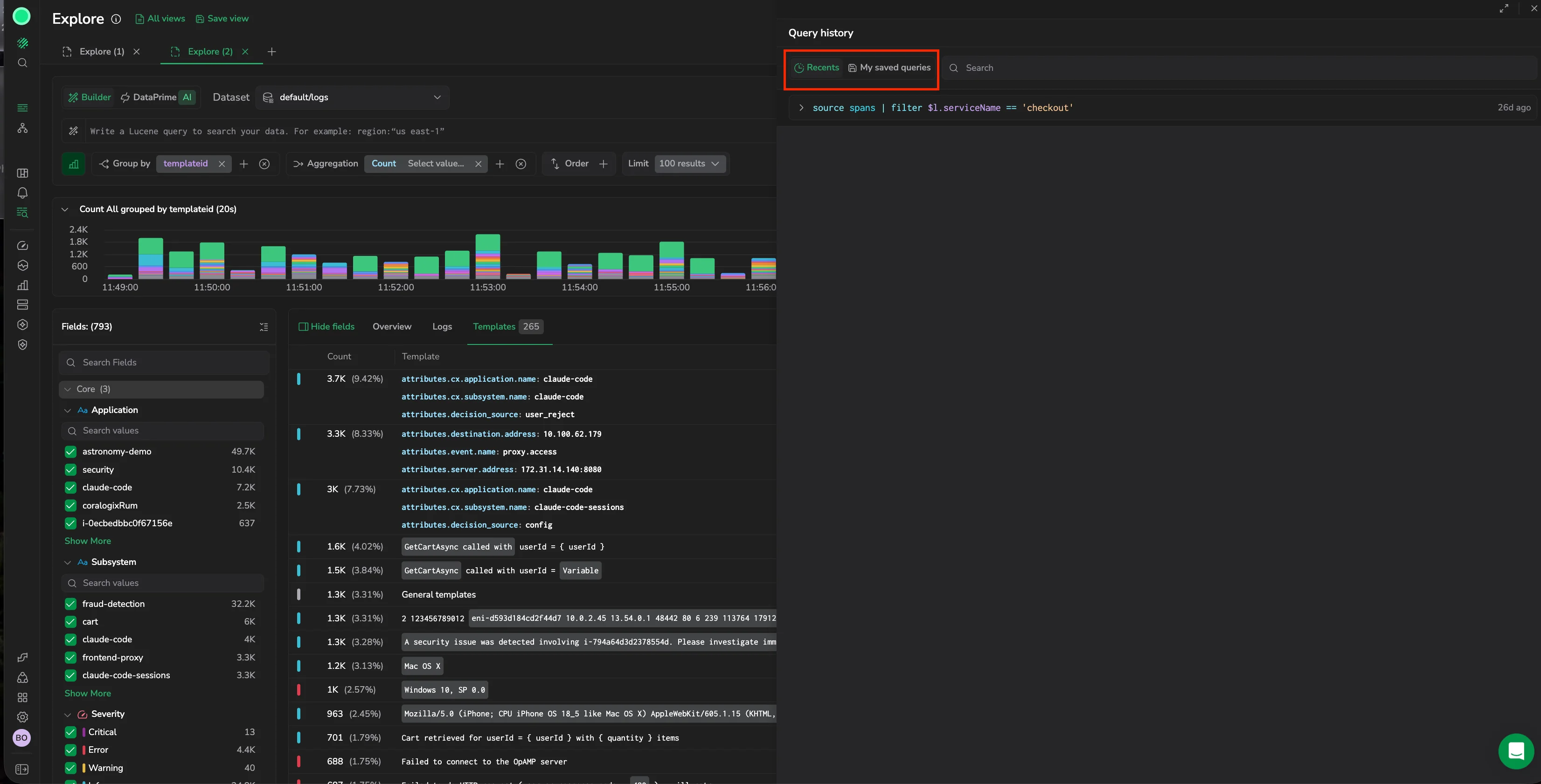 Query history drawer showing the Recents and My saved queries tabs for accessing recent and saved queries