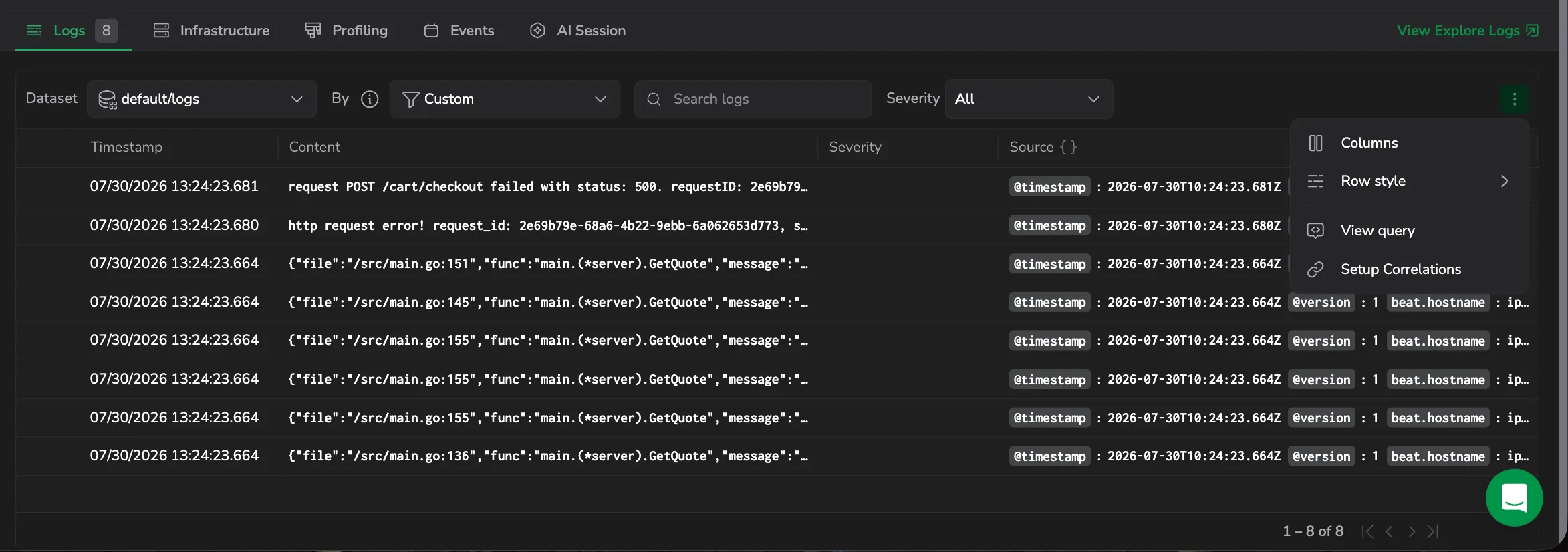 Logs tab toolbar in the tracing drilldown showing the Dataset and By selectors, search, severity filter, and the open more-actions menu