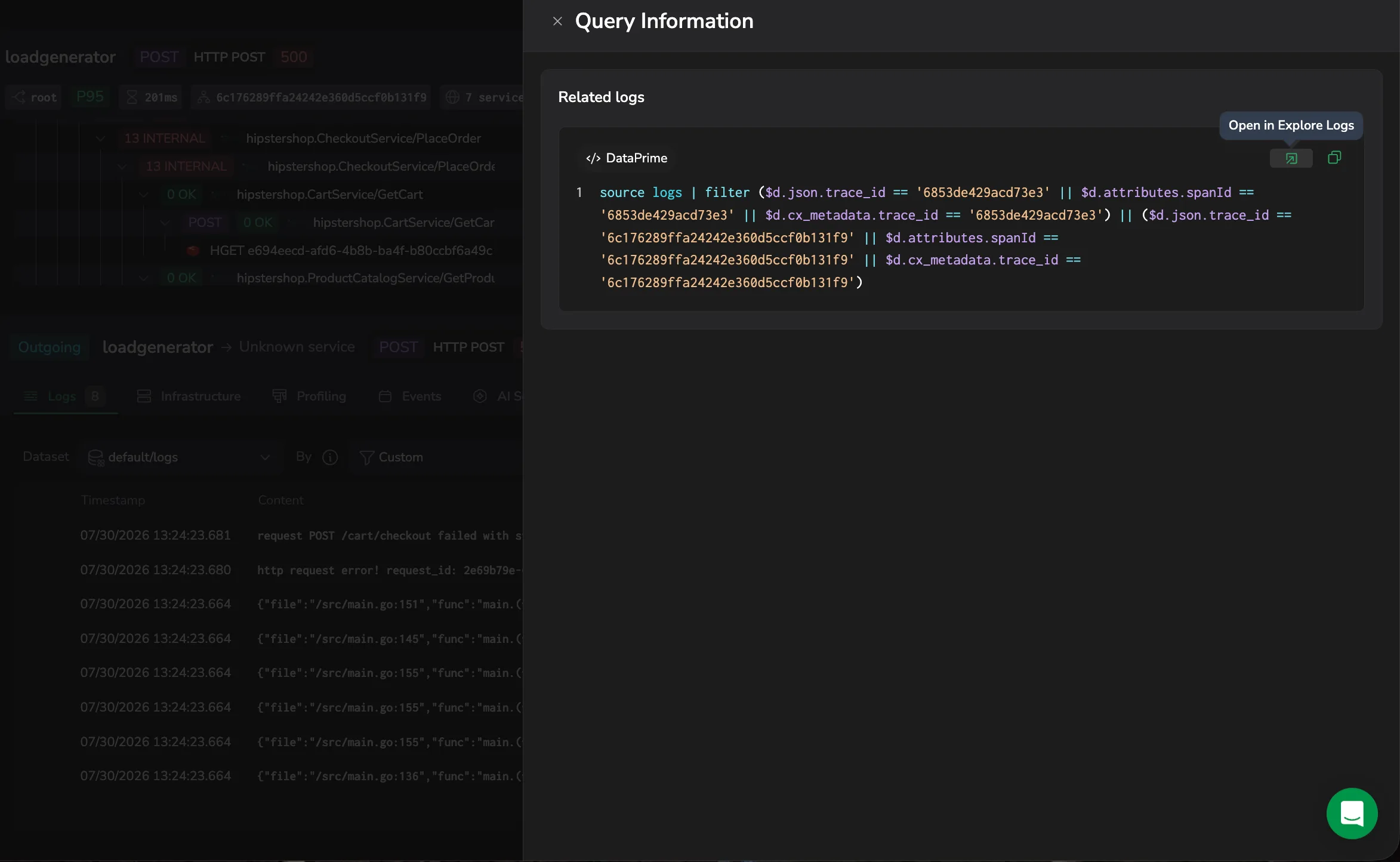 Query Information panel showing the Related logs correlation query in DataPrime with copy and Open in Explore Logs actions