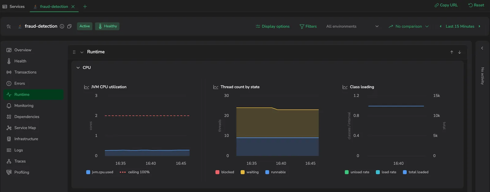 The CPU row: JVM CPU utilization, Thread count by state, and Class loading.