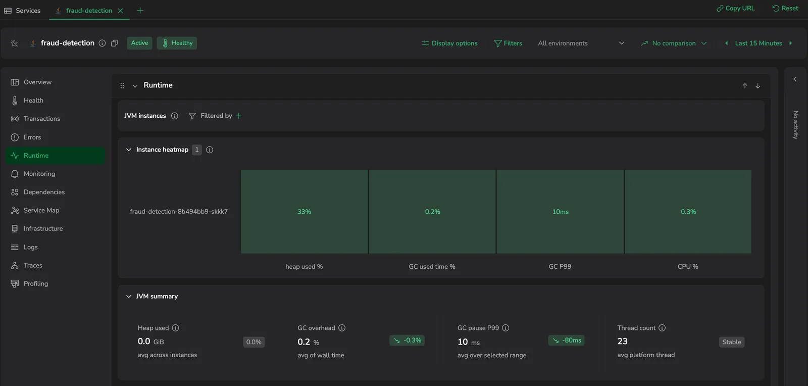 The Runtime tab: the JVM instances bar, the per-instance heatmap (heap used %, GC used time %, GC P99, CPU %), and the JVM summary cards - Heap used, GC overhead, GC pause P99, and Thread count.