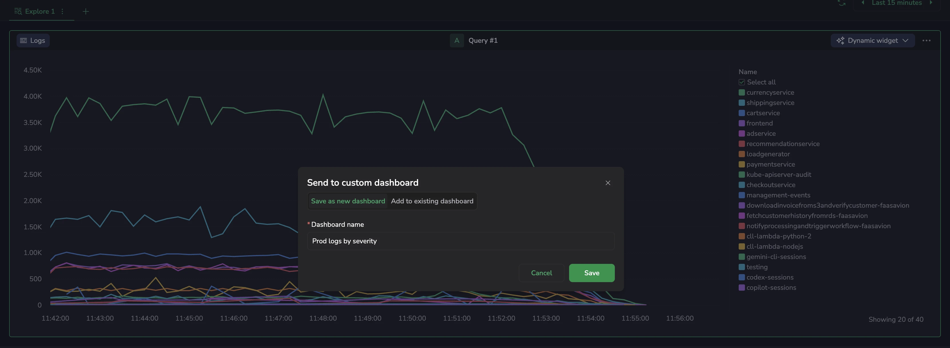 Send to custom dashboard dialog with Save as new dashboard tab and a name input field
