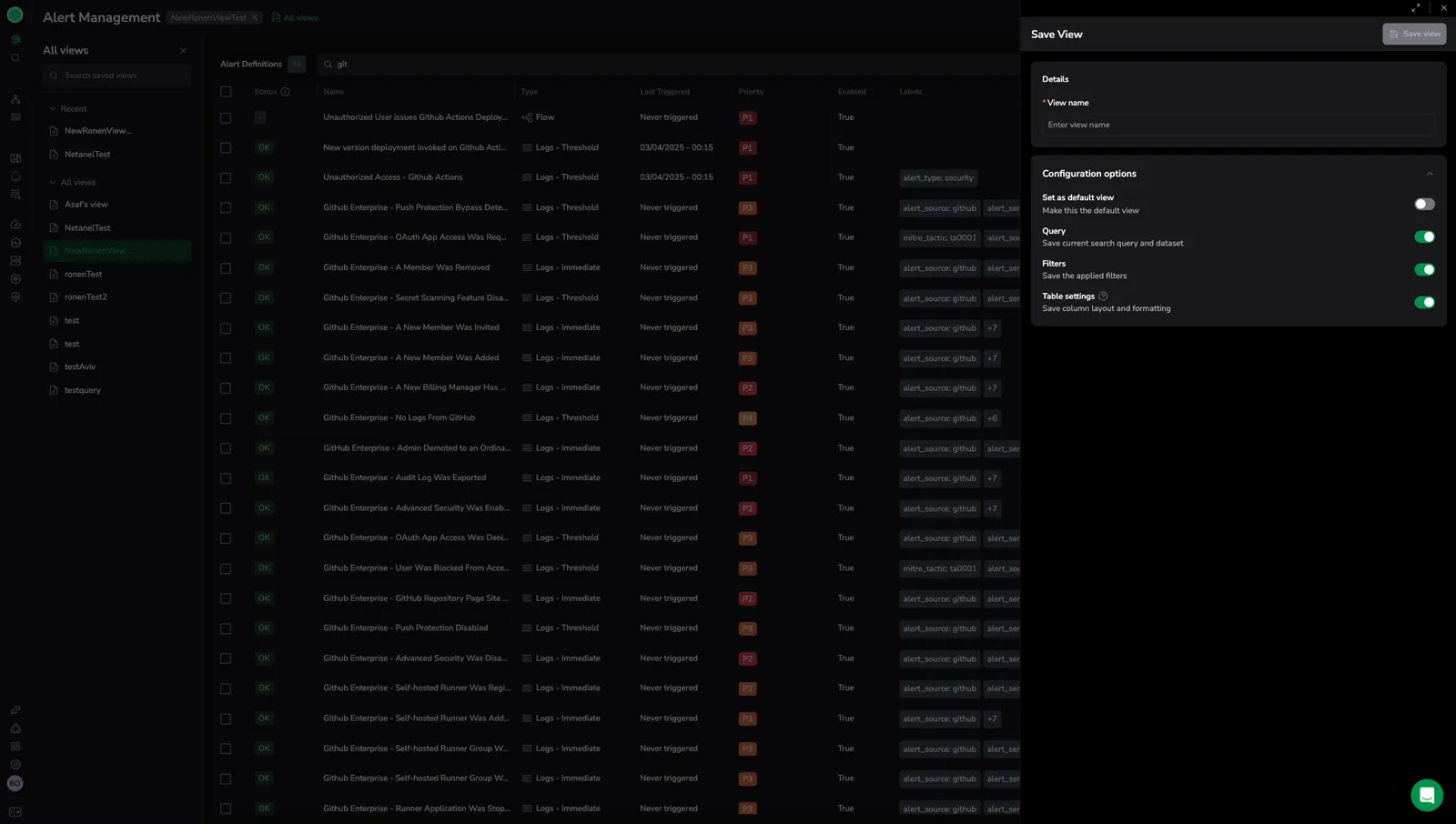Alert Management page with the Save view panel open, showing the View name field and toggles for Set as default view, Query, Filters, and Table settings