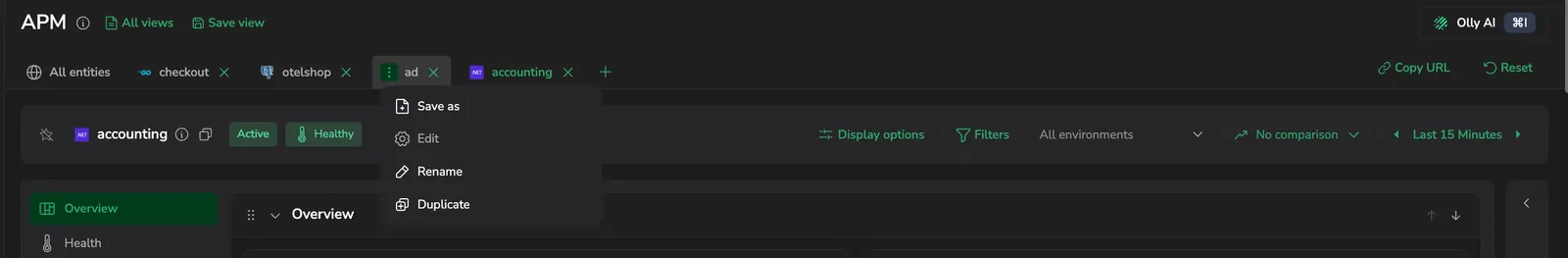 The catalog's view tabs with All views and Save view, and a tab's actions menu - Save as, Edit, Rename, and Duplicate.