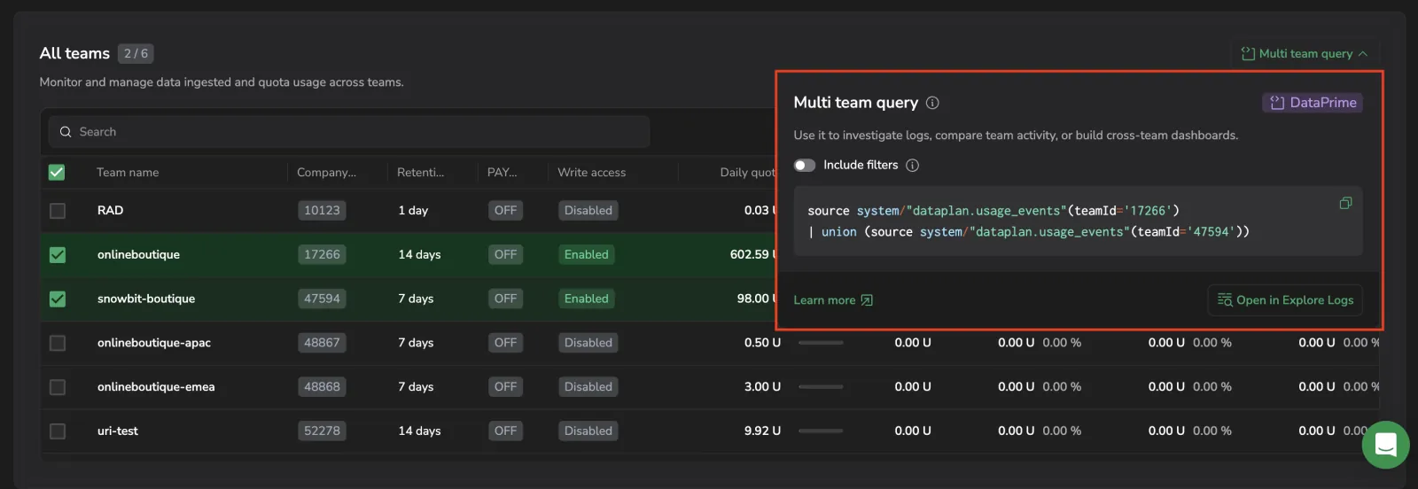 Multi team query panel open beside the All teams table, showing the generated DataPrime query for two selected teams
