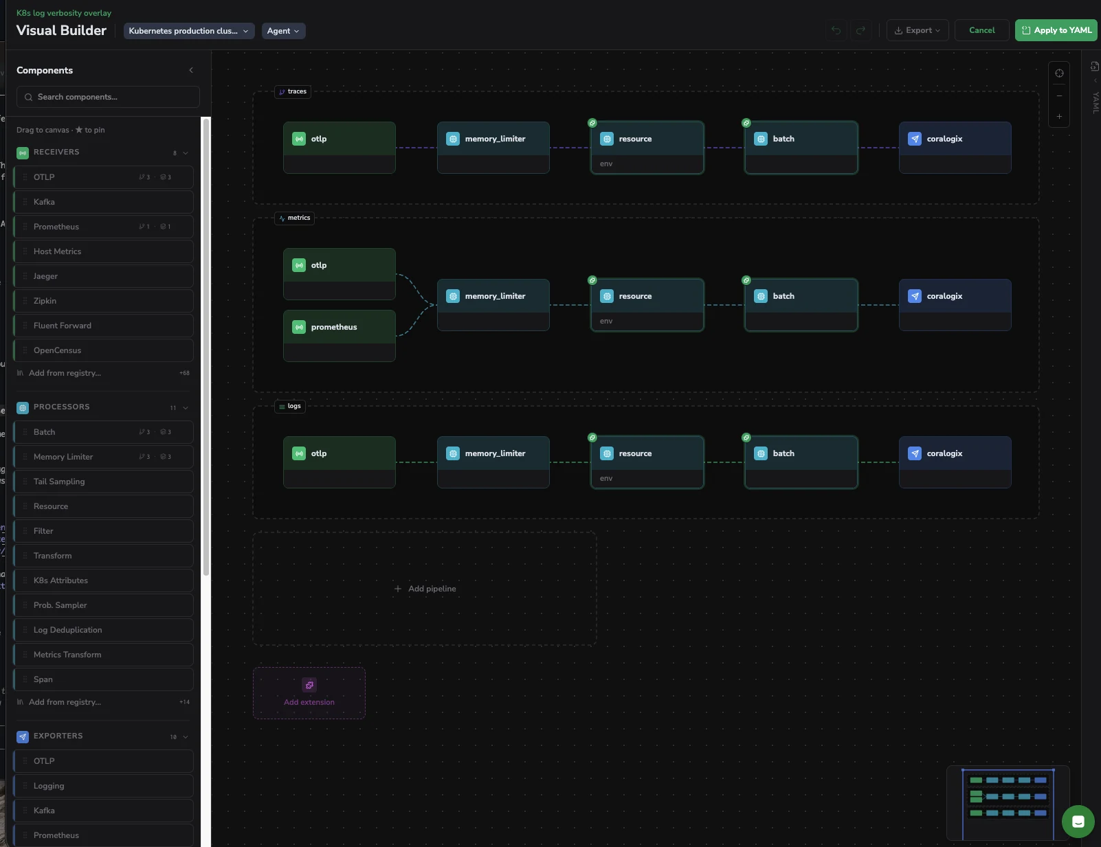 The Visual Builder canvas with the traces, metrics, and logs pipelines and the component palette