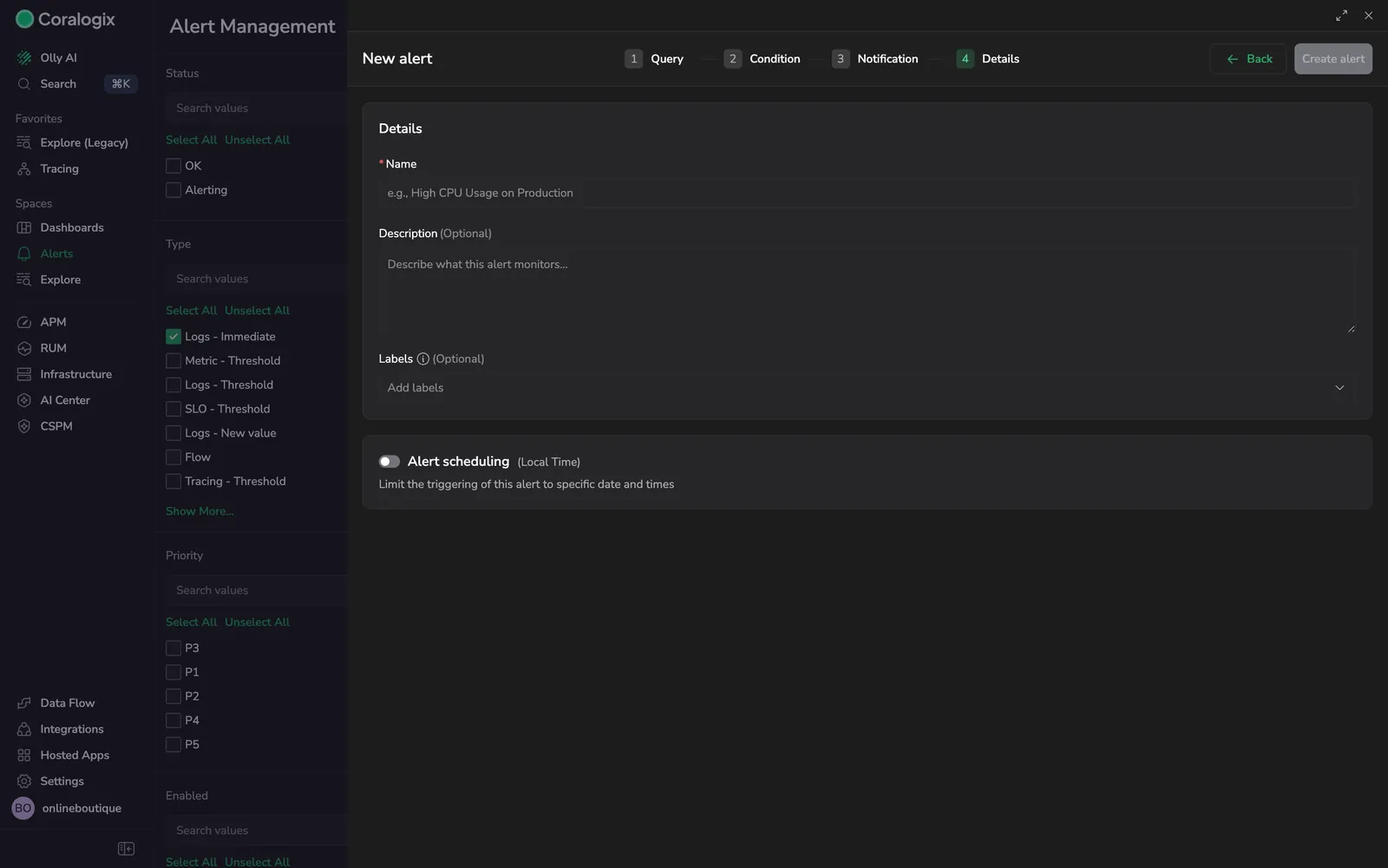 Alert details with case settings