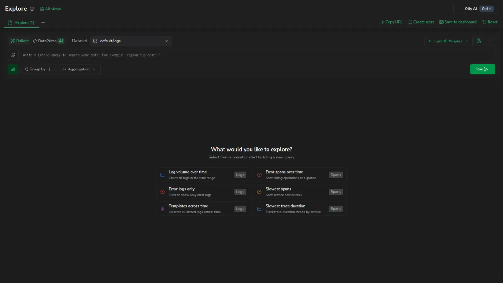 Explore Zero state with Quick actions tab selected, showing logs and spans tiles in dark mode