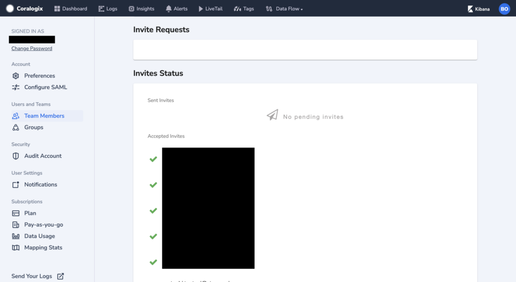 coralogix admin panel receiving invite request