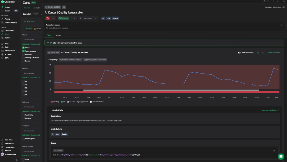Alert details showing the alert description, entity labels, and the PromQL query