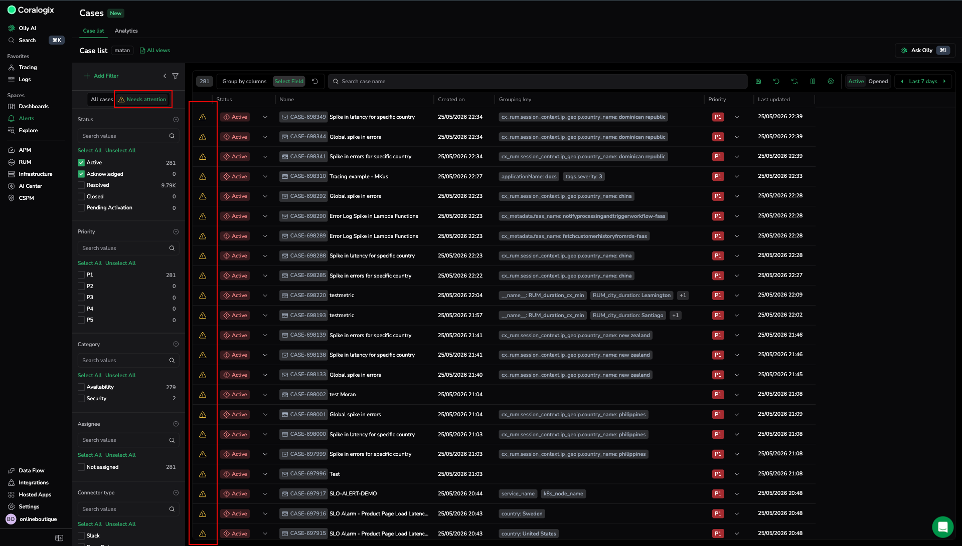 Case list with the Needs attention filter selected in the sidebar, showing rows with warning indicators on Cases whose Time to Acknowledge target was missed