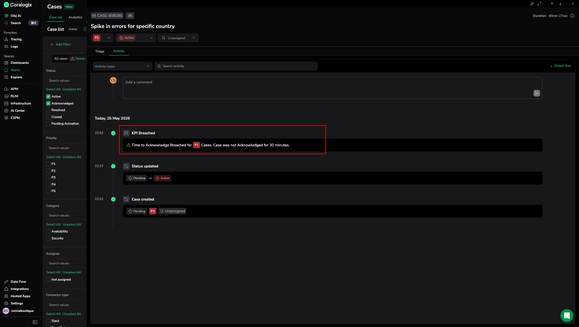 Activity tab on CASE-698285 showing a KPI Breached event with the description Time to Acknowledge Breached for P1 Cases, Case was not Acknowledged for 30 minutes, alongside Status updated and Case created events