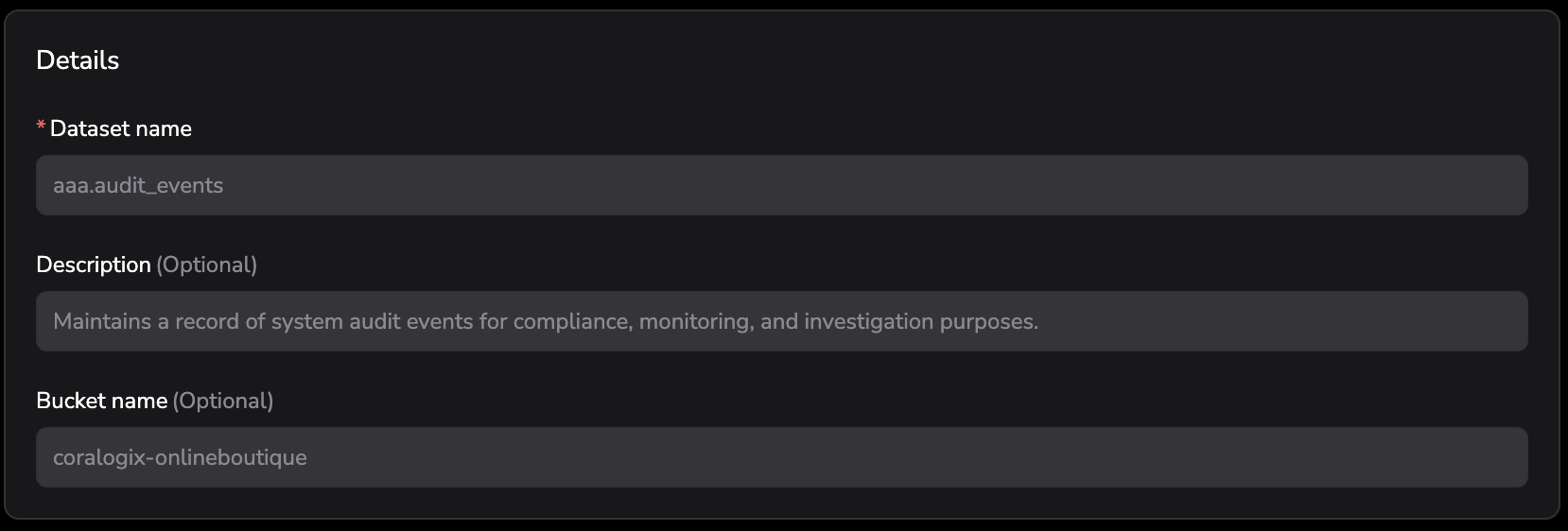 Edit Dataset Details section