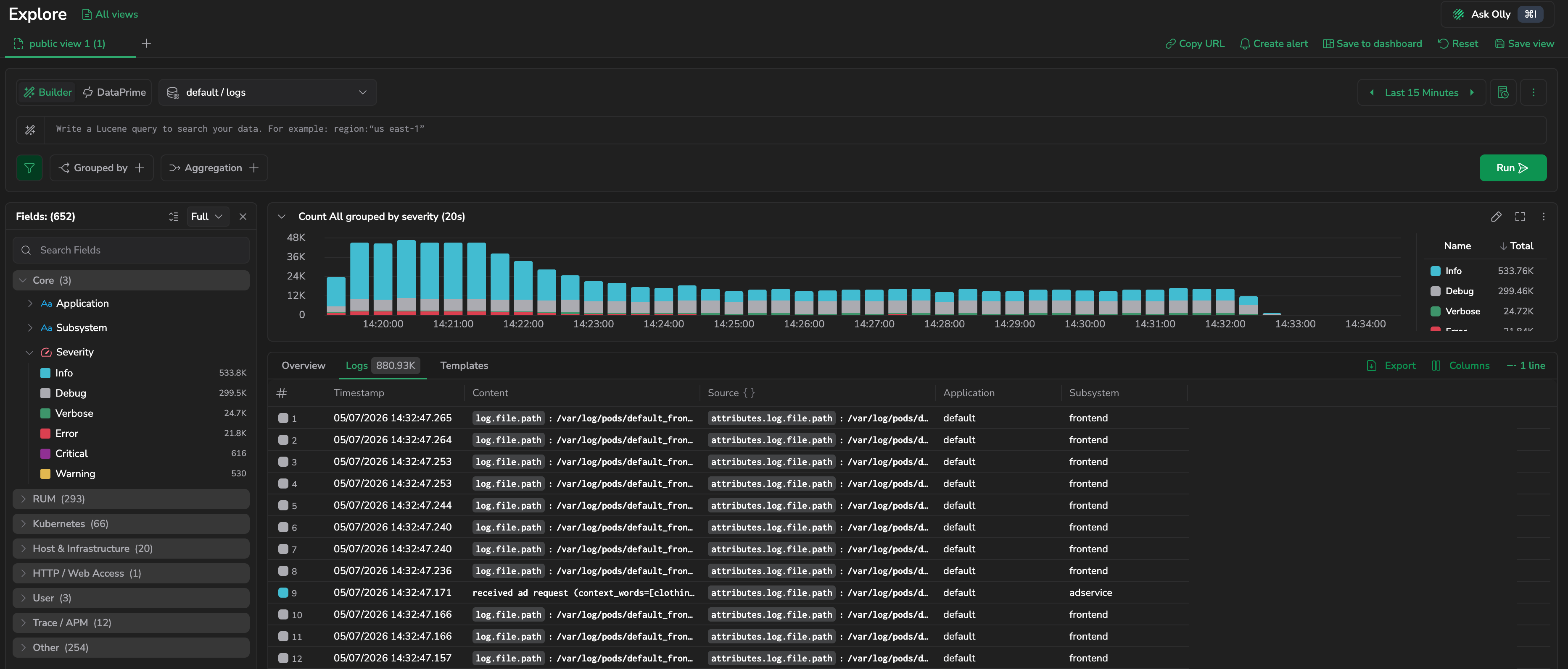 Fields sections in Explore logs