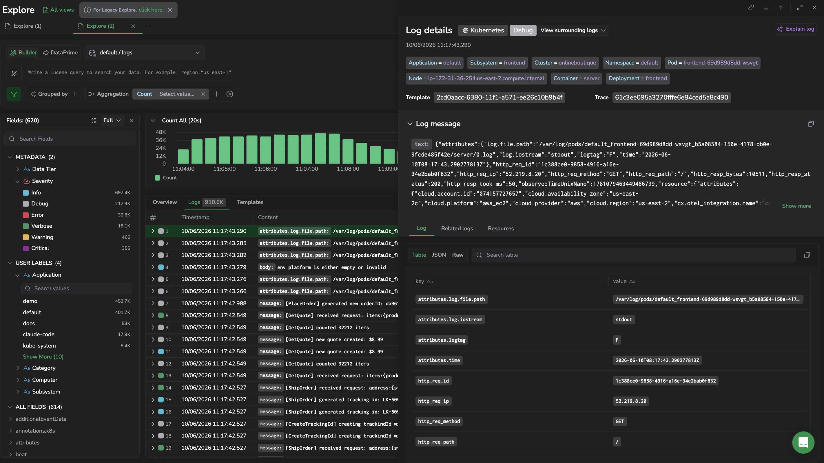 Log details panel open on the right side of Explore showing the full log entry and metadata