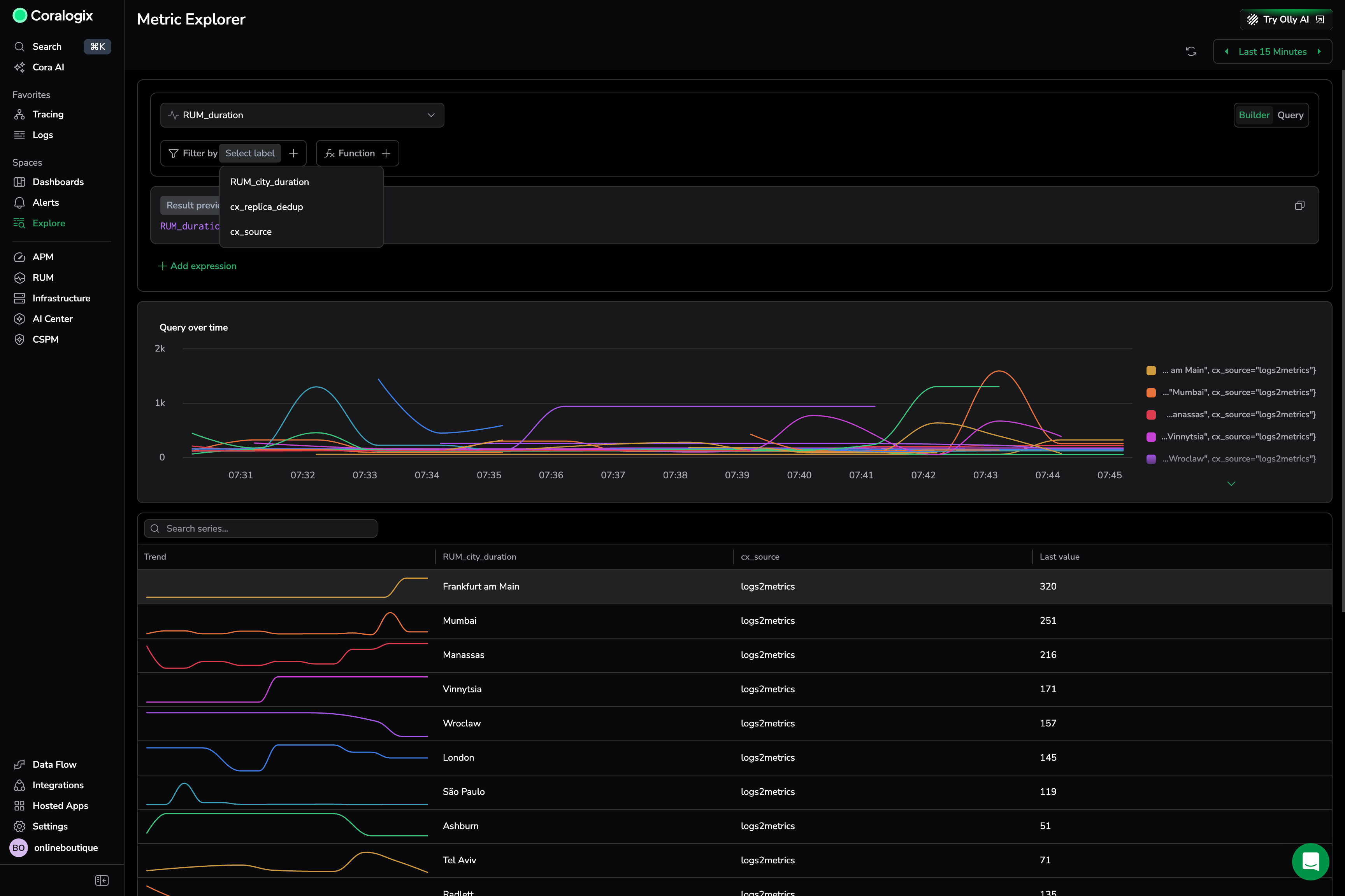 Screenshot of Metric Explorer Builder mode showing the Filter by label dropdown with available label options