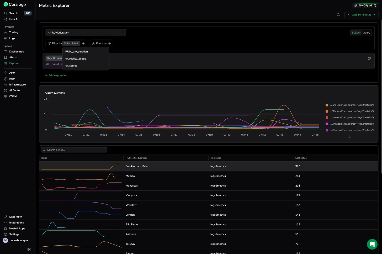 Screenshot of Metric Explorer Builder mode showing the Filter by label dropdown with available label options