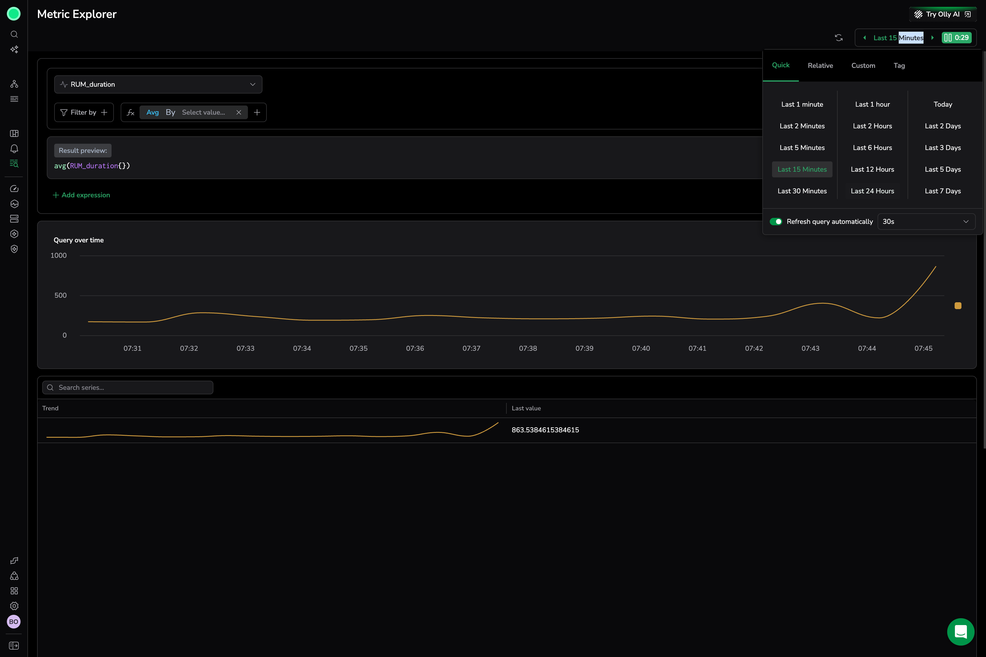 Screenshot of Metric Explorer showing the time range picker with Quick tab options and the Refresh query automatically toggle active